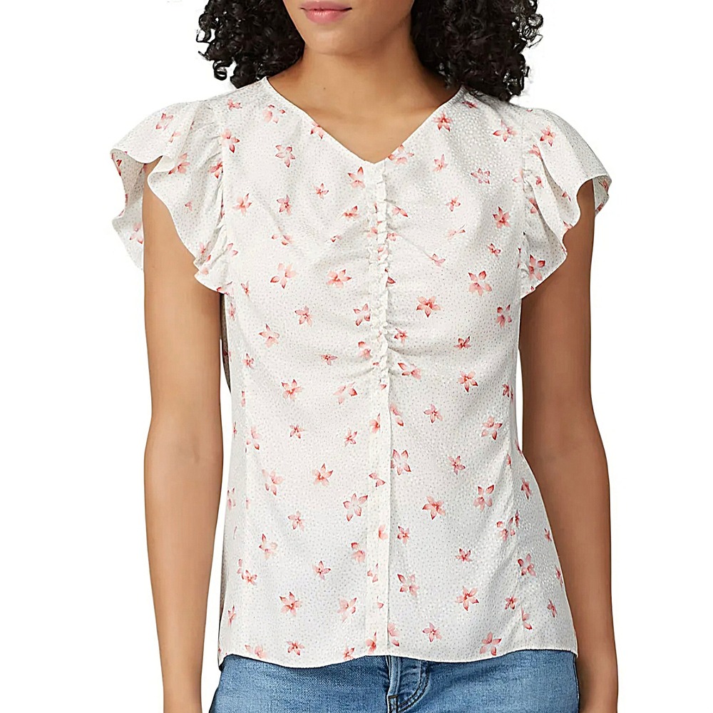 Rebecca Taylor White & Pink Silk Floral Dot Ruffle Flutter Sleeve Top- Size 12